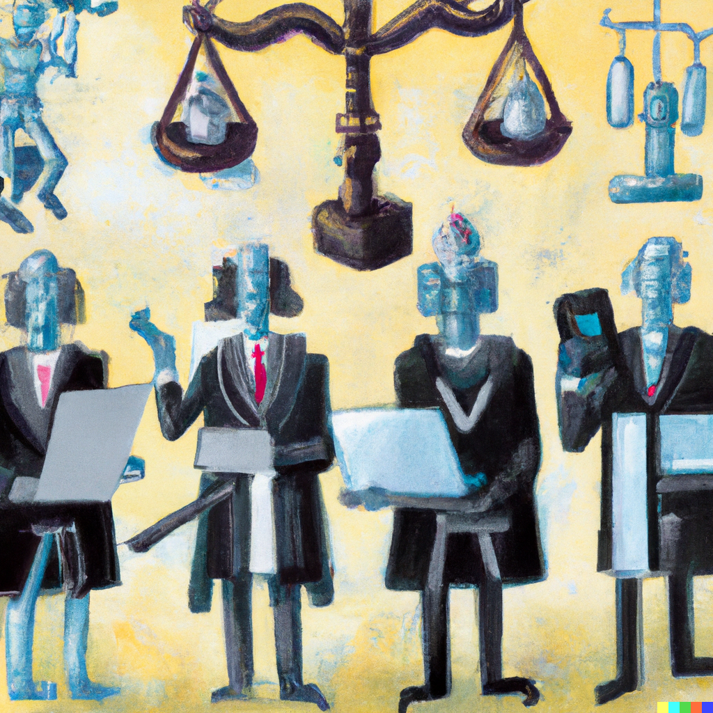  a painting of lawyers, judges, robots, computers and smartphones with sword and scales