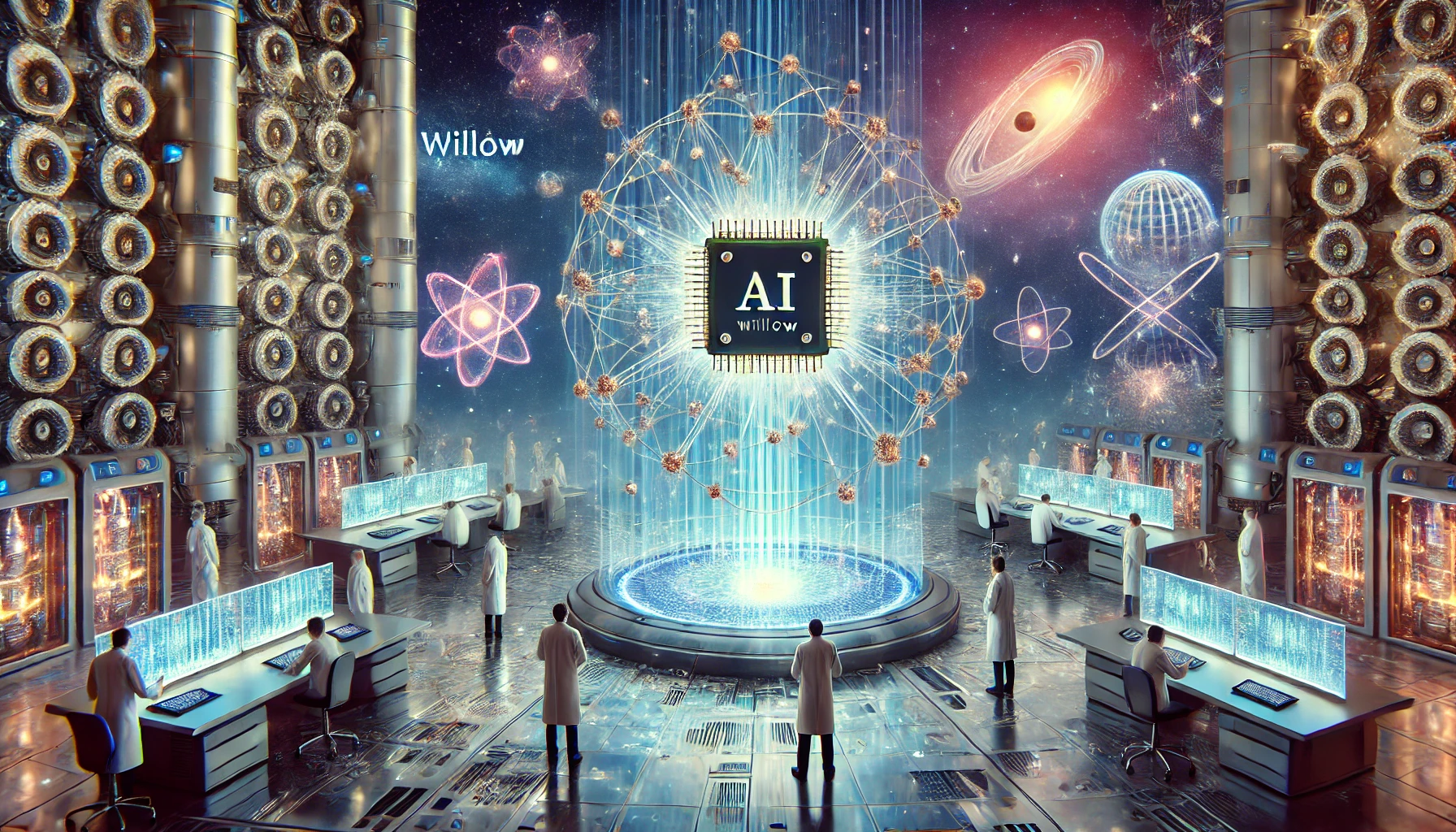 Da Vinci Einstein Multiverses A futuristic scene depicting a quantum computing lab with a glowing AI chip labeled 'Willow' at its center, surrounded by holographic projections